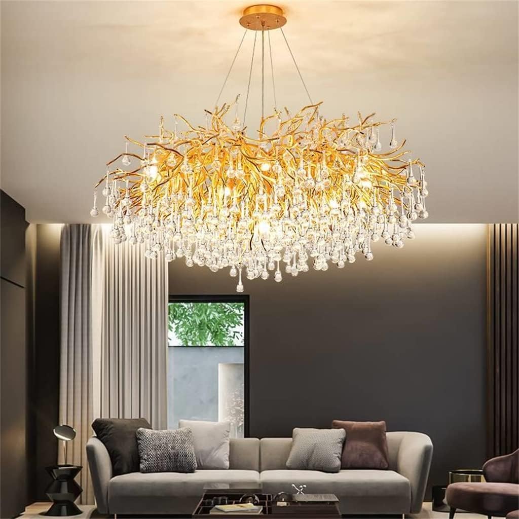 Lustre Marocain Traditionnel Cristal Doré Gouttes d'Eau 160cm Élégant
