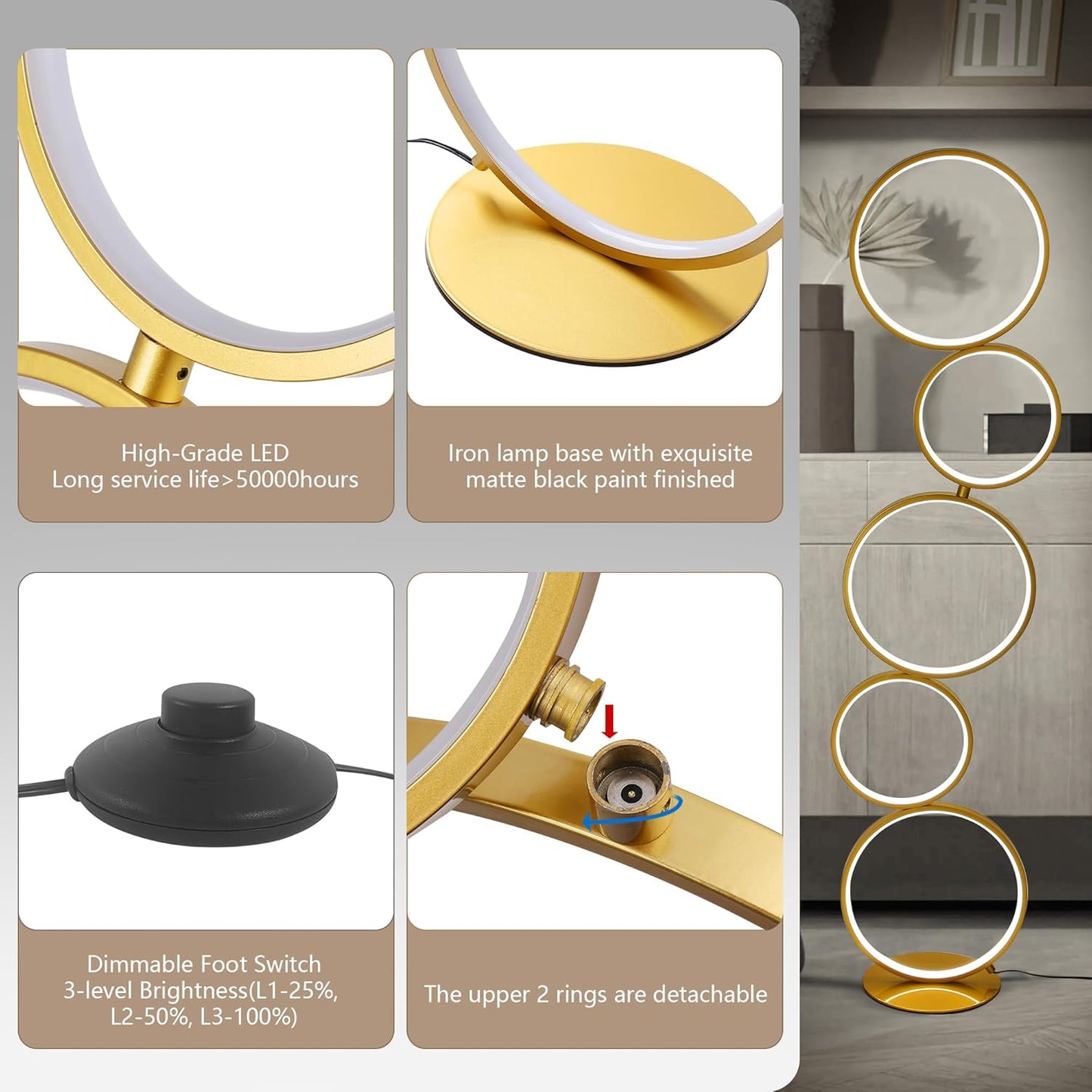 Lampadaire élégant SWEET avec éclairage changeant en noir ou or