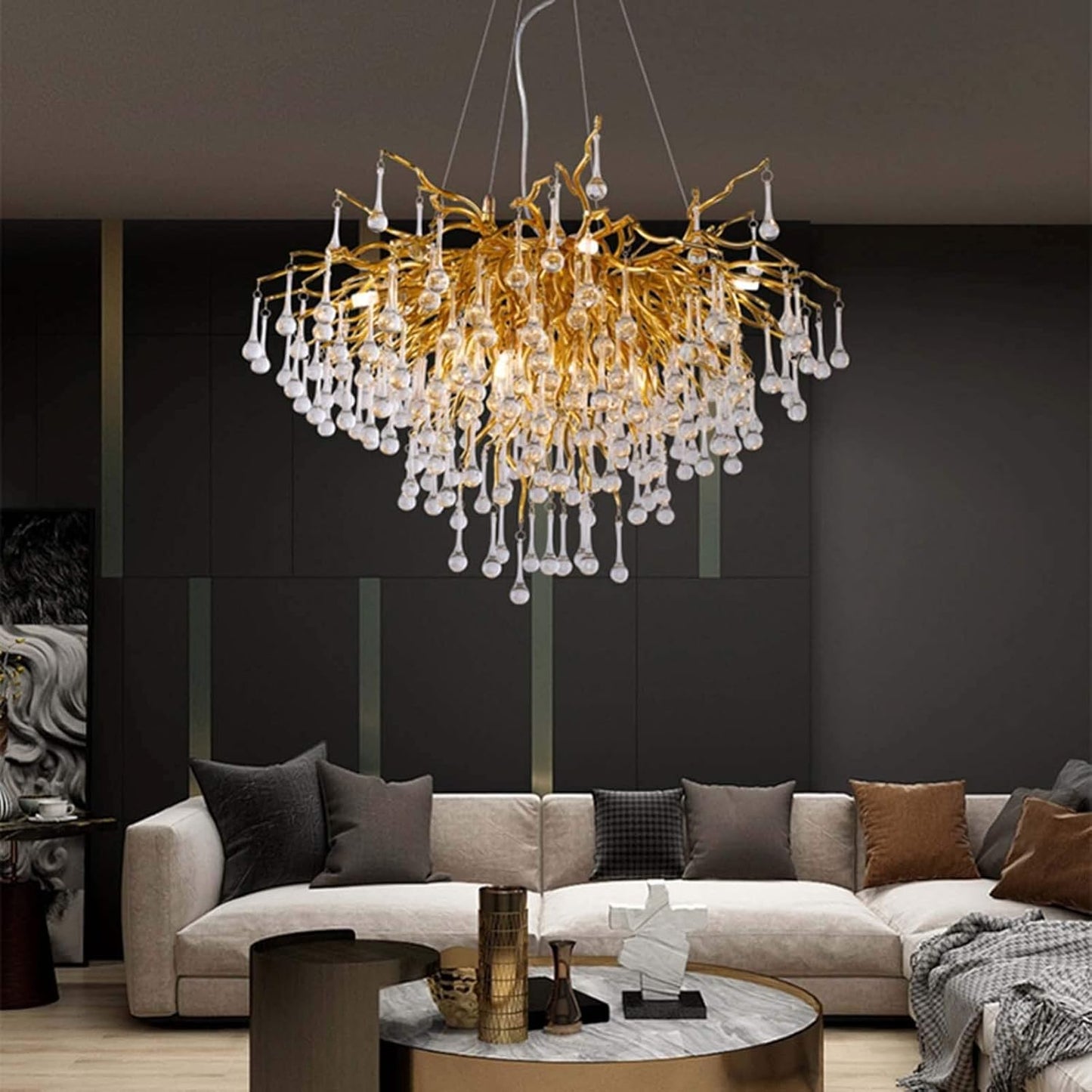 Lustre Marocain Traditionnel Cristal Doré Gouttes d'Eau 160cm Élégant