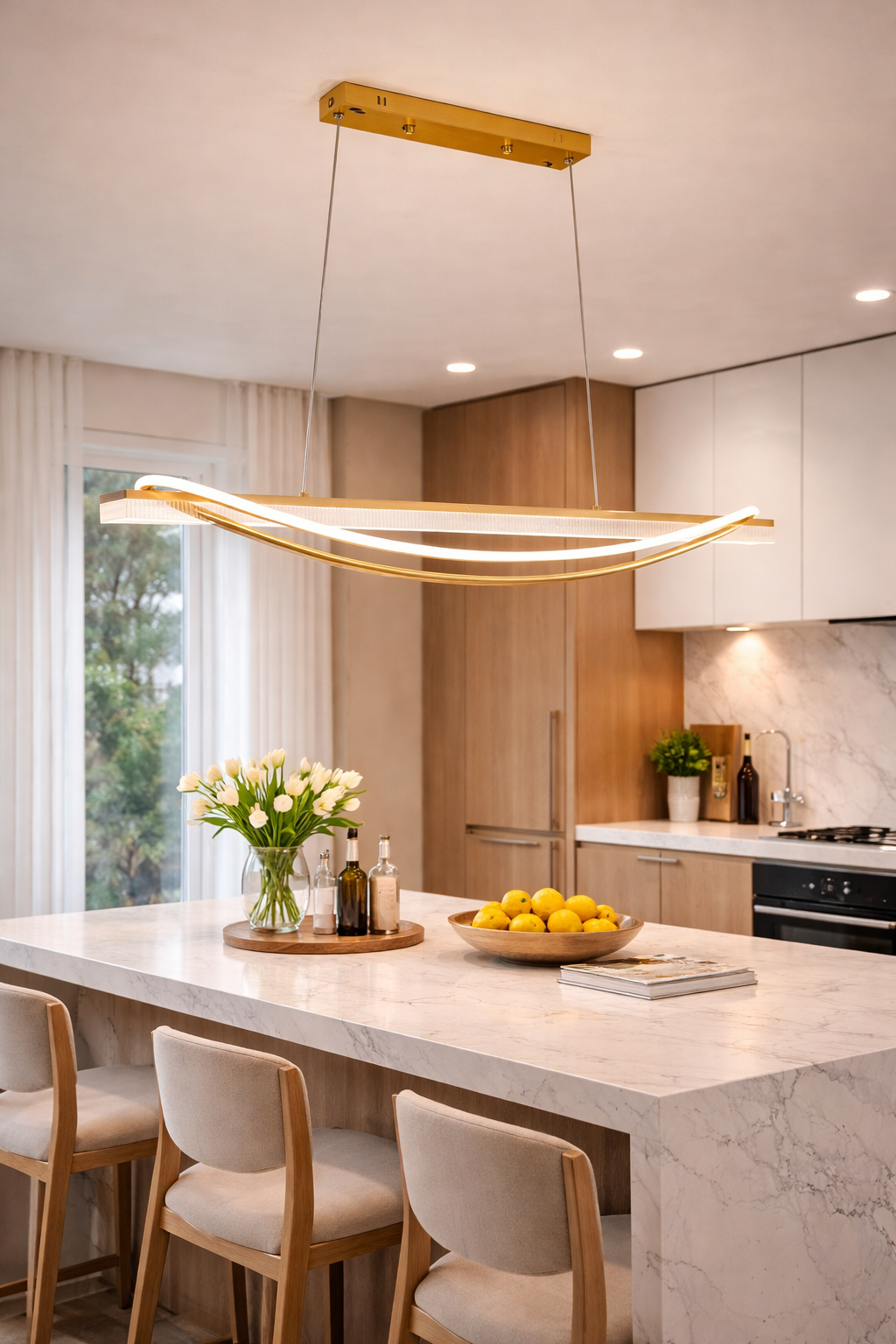Suspension Design Curvée LED “Zahara 3603” – Finition Or & Blanc