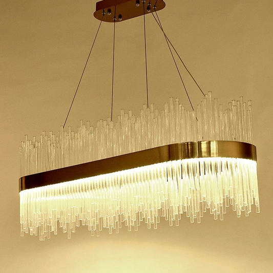 Lustre Moderne Cascade de Fibres en Verre avec Finitions Métalliques Dorées
