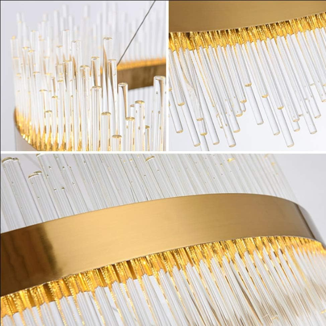 Lustre Moderne Cascade de Fibres en Verre avec Finitions Métalliques Dorées