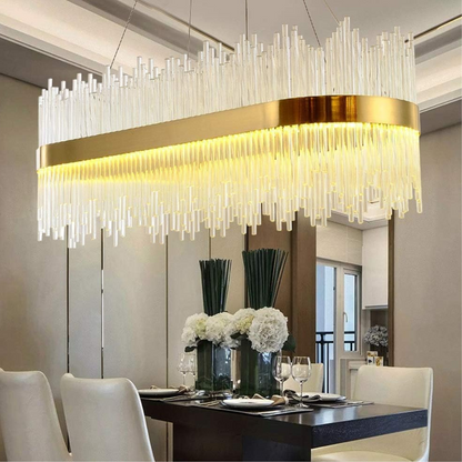Lustre Moderne Cascade de Fibres en Verre avec Finitions Métalliques Dorées