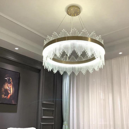 Lustre Majestueux Halo de Lumière avec Fibres en Verre et Détails Dorés