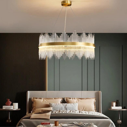 Lustre Majestueux Halo de Lumière avec Fibres en Verre et Détails Dorés