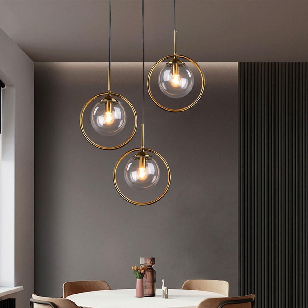 Suspension Luminaire Céleste Triple avec Boules Fumées et Support Rond Doré
