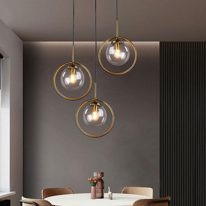 Suspension Luminaire Céleste Triple avec Boules Fumées et Support Rond Doré