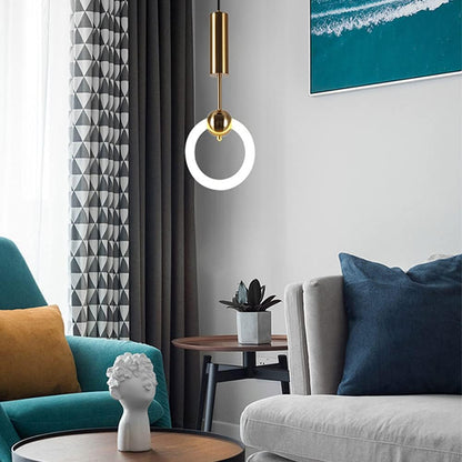 Suspension Cercle Moderne en Verre Blanc avec Support Doré Élégant