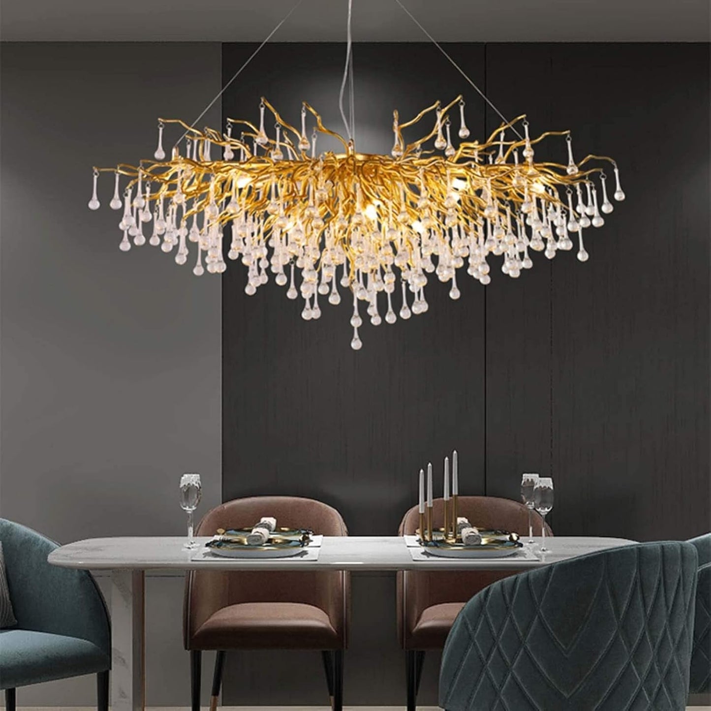 Lustre Marocain Traditionnel Cristal Doré Gouttes d'Eau 160cm Élégant