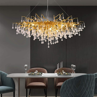 Lustre Marocain Traditionnel Cristal Doré Gouttes d'Eau 160cm Élégant