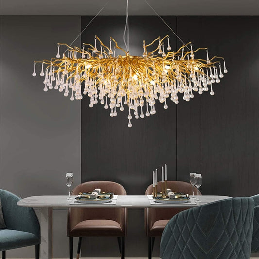 Lustre Marocain Traditionnel Cristal Doré Gouttes d'Eau 160cm Élégant