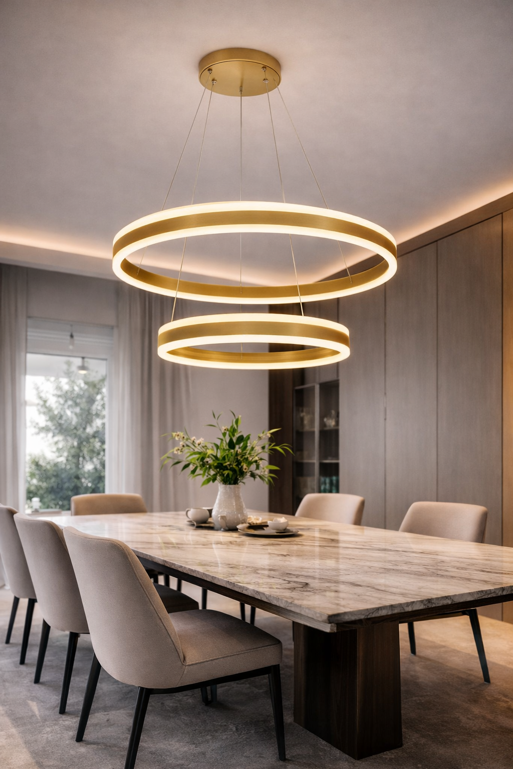 Suspension LED Circulaire "Majdora" – Design Moderne en Or Brossé à Double Anneau