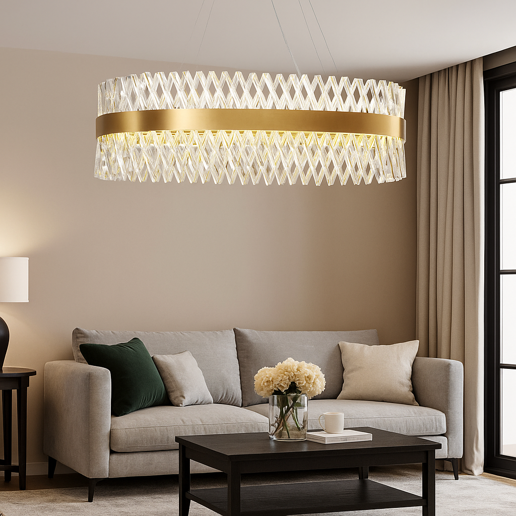 Lustre Ovale Moderne en Verre Cristallin Aluminium LED Puissant