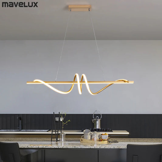 Suspension Moderne à LED en Or avec Design Ondulé