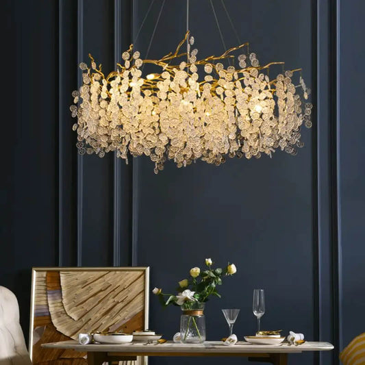 Lustre Doré 80cm avec Feuilles Blanches en Verre Cristal Marocain
