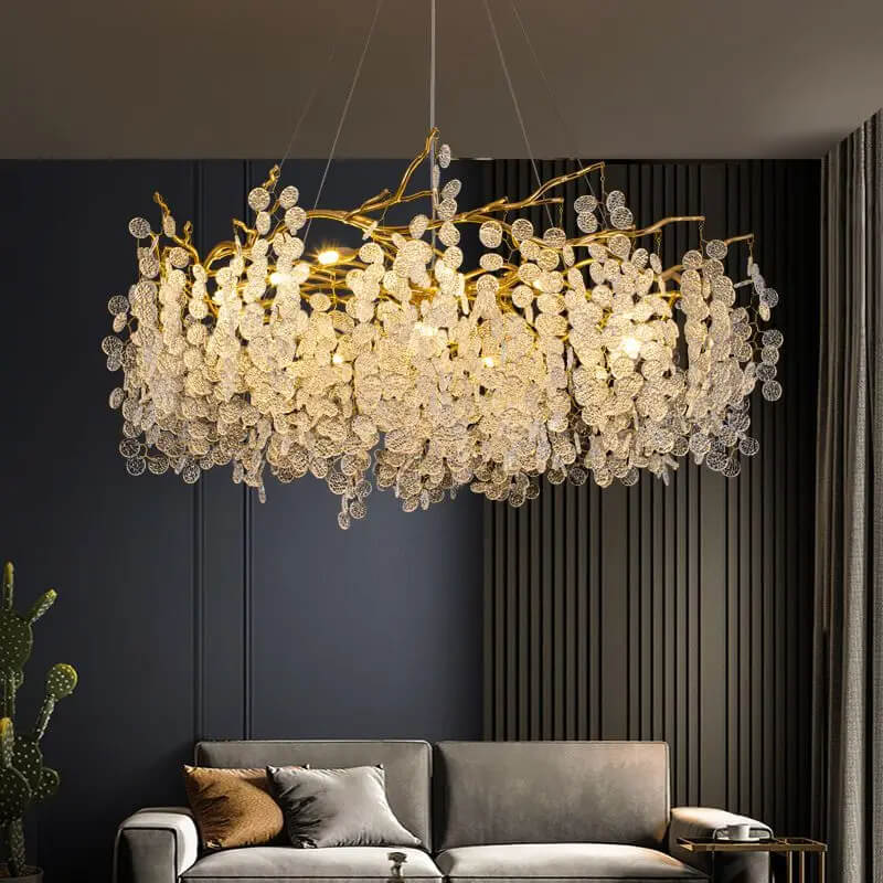 Lustre Doré 80cm avec Feuilles Blanches en Verre Cristal Marocain