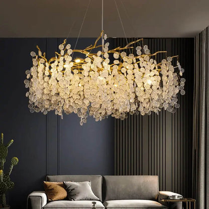 Lustre Doré 80cm avec Feuilles Blanches en Verre Cristal Marocain