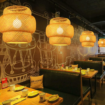 Suspension Luminaire Bambou Naturel Tissé Main Terrasse Restaurant Maroc