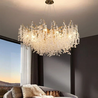 Lustre Doré 80cm avec Feuilles Blanches en Verre Cristal Marocain