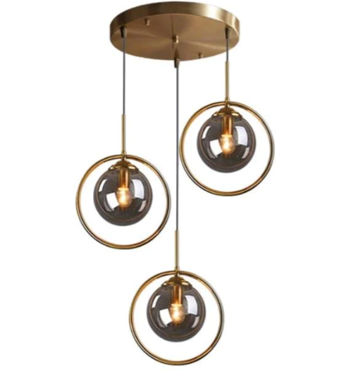 Suspension Luminaire Céleste Triple avec Boules Fumées et Support Rond Doré