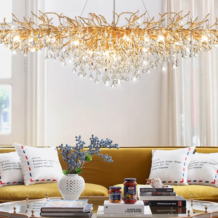 Lustre Marocain Traditionnel Cristal Doré Gouttes d'Eau 160cm Élégant