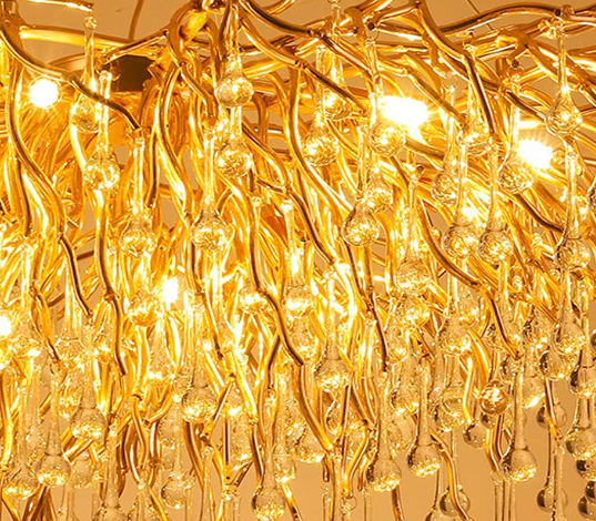 Lustre Marocain Traditionnel Cristal Doré Gouttes d'Eau 160cm Élégant