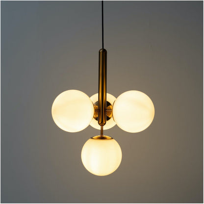 Suspension design laiton 4 sphères verre blanc chic élégant moderne