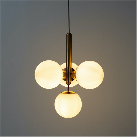 Suspension design laiton 4 sphères verre blanc chic élégant moderne