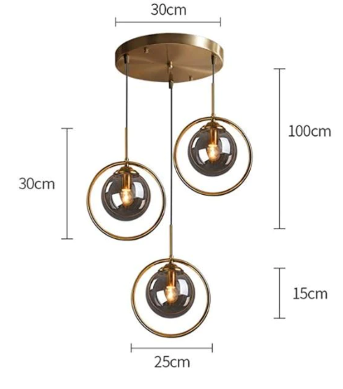 Suspension Luminaire Céleste Triple avec Boules Fumées et Support Rond Doré