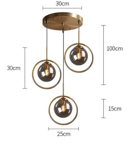 Suspension Luminaire Céleste Triple avec Boules Fumées et Support Rond Doré